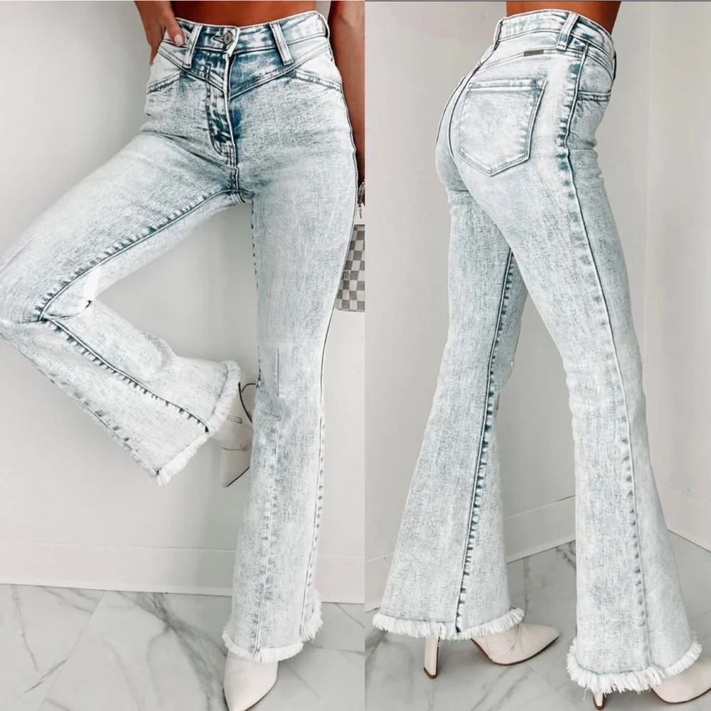 Kancan light wash acid wash high rise flare boho bohemian raw hem denim jeans - Picture 4 of 13